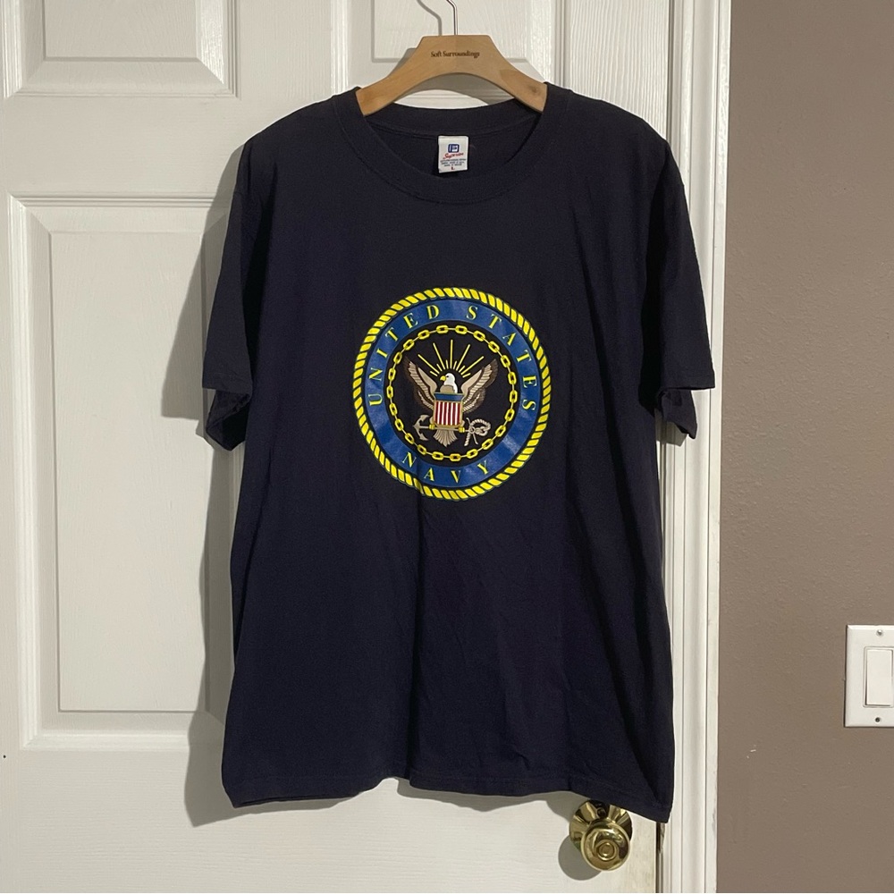 VINTAGE Superior T Shirt Mens Large UNITED STATES NAVY Blue Pullover Preshrunk